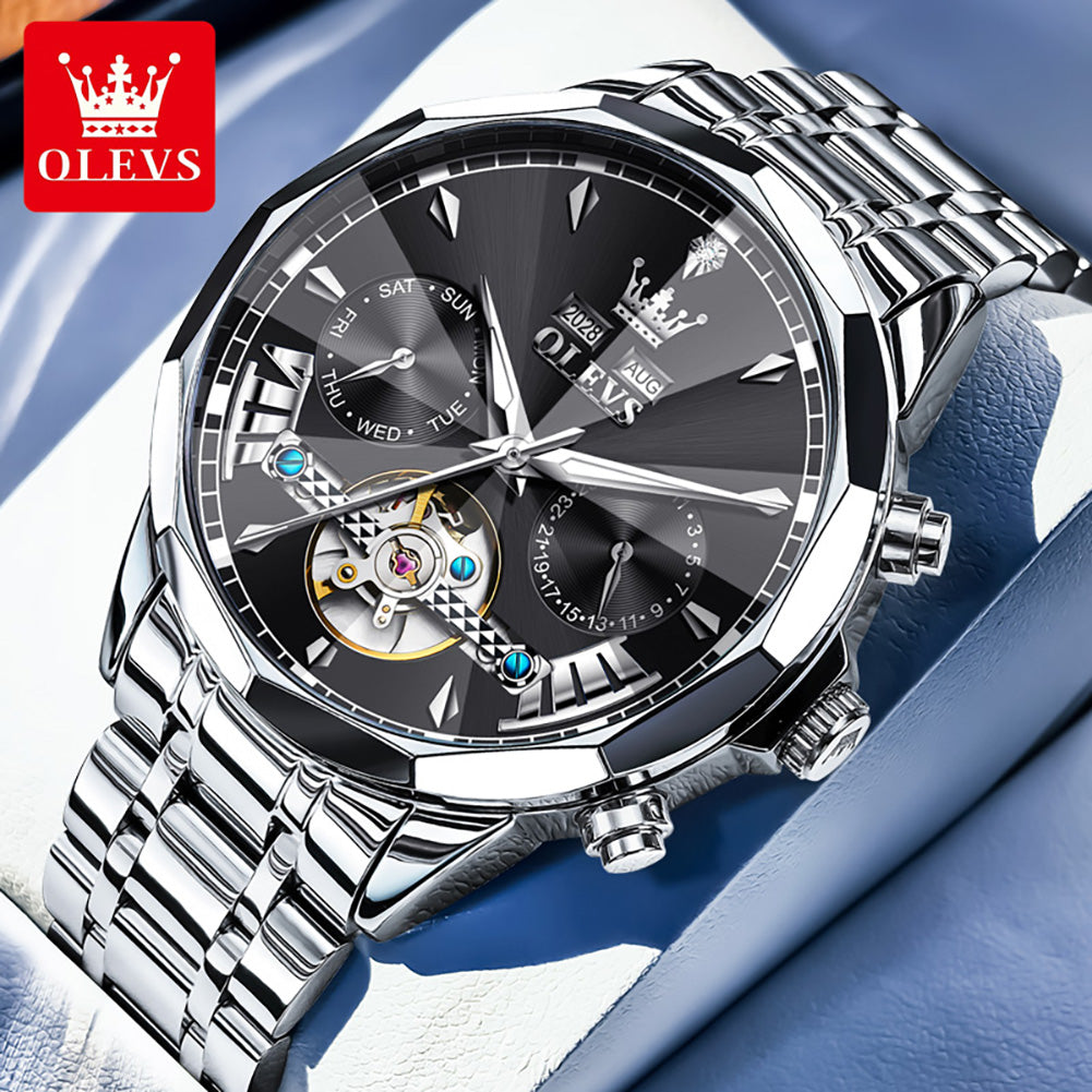 OLEVS 6619 Automatic Watches for Men Luxury Dress Waterproof Self Winding Mechanical Chronograph Diamond Stainless Steel Luminous Date Skeleton Tourbillon Mens Watches Gift Reloj Para Hombre