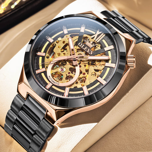 OLEVS 6722 Skeleton Watches for Men Luxury Dress Automatic Self Winding Mechanical Gold Plated Stainless Steel Waterproof Luminous Business Men Wrist Watch Reloj Para Hombre