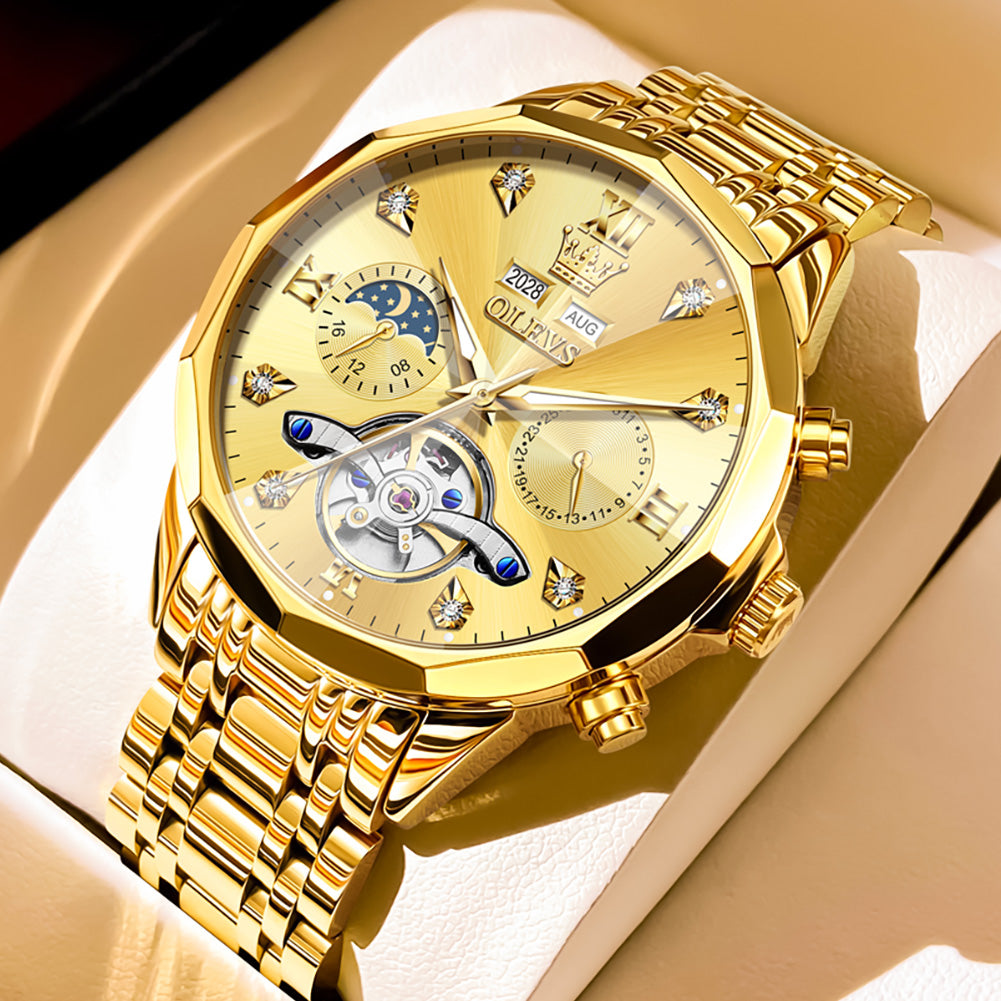 OLEVS 6621Automatic Watches for Men Luxury Dress Waterproof Self Winding Mechanical Moon Phase Chronograph Stainless Steel Luminous Diamond Date Skeleton Tourbillon Wristwatch for Men Reloj Para Hombre