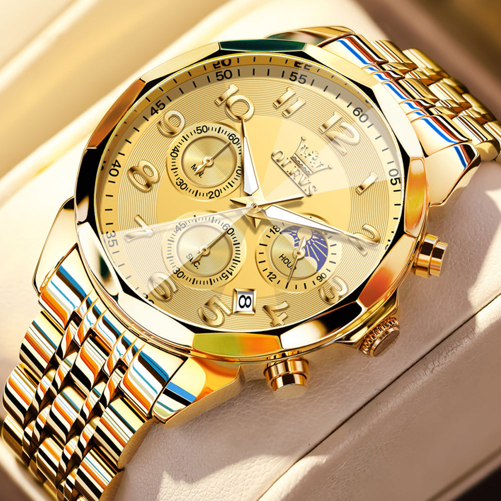 OLEVS  3676 Chronograph Watches for Men Business Dress Analog Quartz Gold Plated Stainless Steel Moon Phase Waterproof Luminous Date Luxury Mens Wrist Watches Reloj Para Hombre