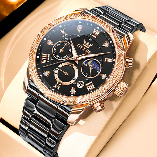 OLEVS 3660 Chronograph Watches for Men Fashion Dress Analog Quartz Moon Phase Stainless Steel Waterproof Luminous Date Luxury Mens Wrist Watches Reloj Para Hombre Rose/Black