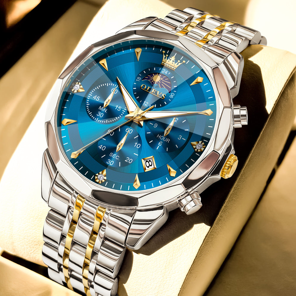 OLEVS 3673 Watches For Men Business Dress Luxury Casual Chronograph Multifunction Analog Quartz Stainless Steel Waterproof Luminous Moon Phase Date Men Wrist Watches Reloj Para Hombre White Dial