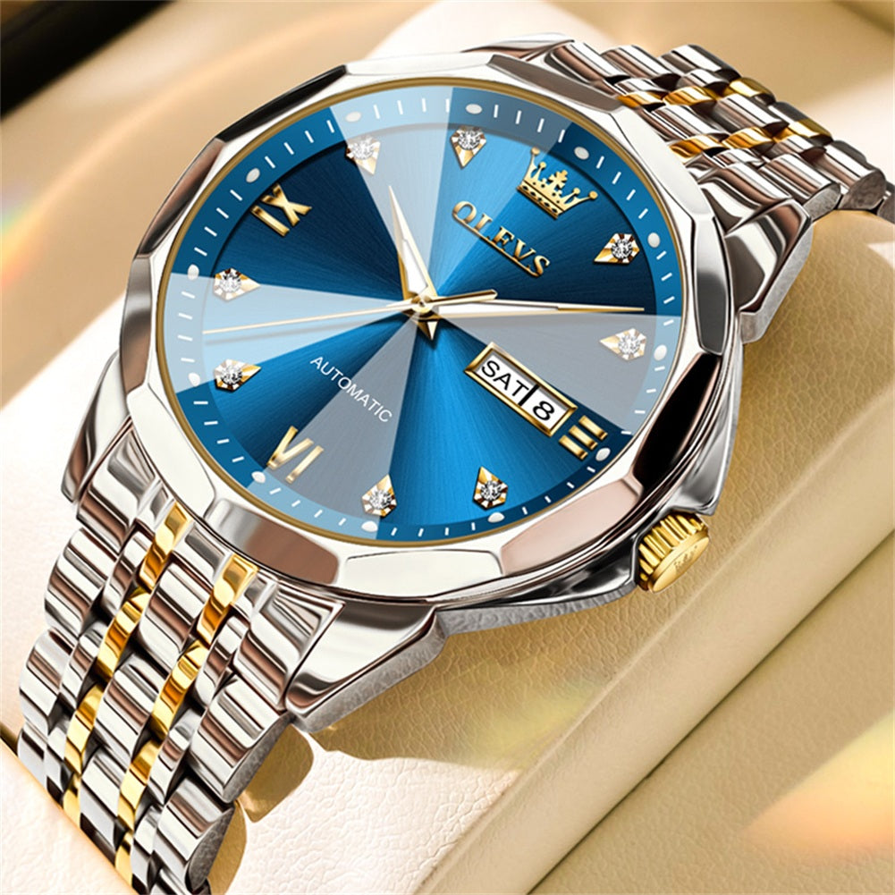 OLEVS 9982 Automatic Watches for Men Self Winding Mechanical Luxury Dress Stainless Steel Two Tone Strap Diamond Waterproof Luminous Date Mens Wrist Watches Reloj Para Hombre Black/Blue/Gold/White