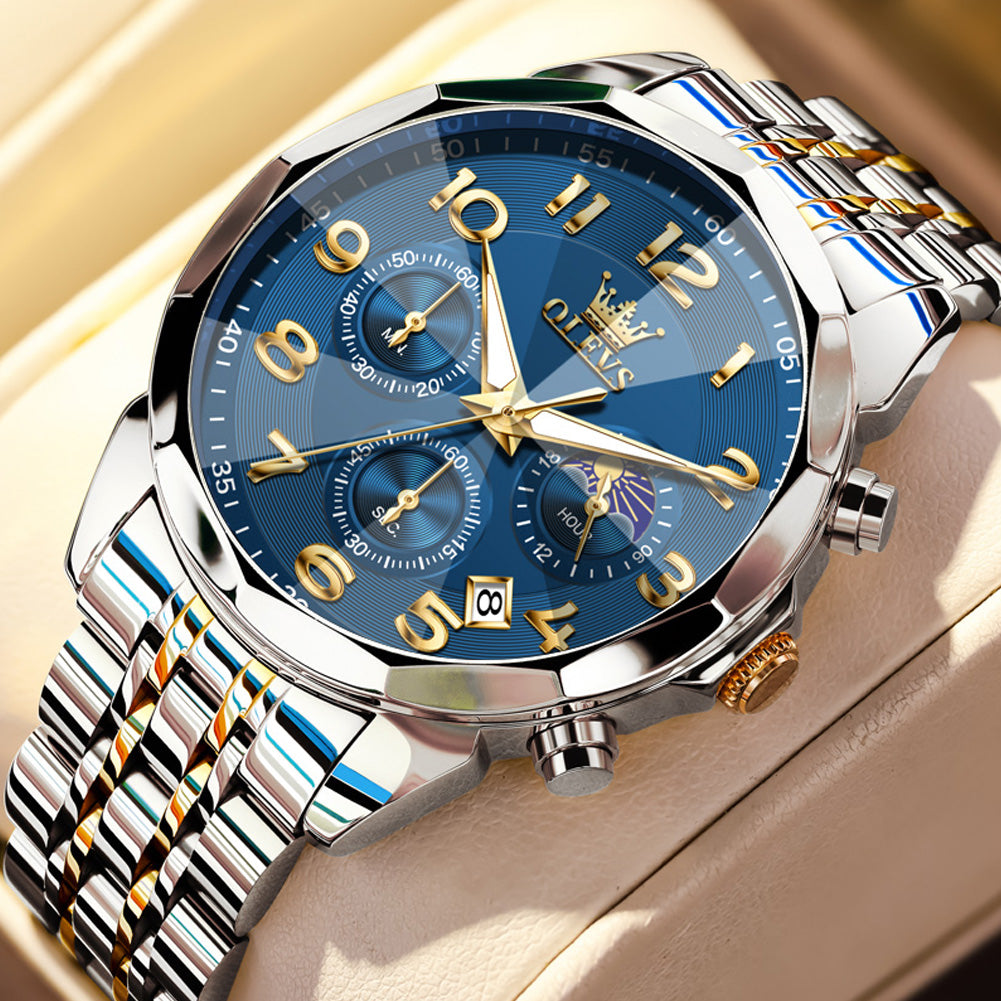 OLEVS  3676 Chronograph Watches for Men Business Dress Analog Quartz Gold Plated Stainless Steel Moon Phase Waterproof Luminous Date Luxury Mens Wrist Watches Reloj Para Hombre