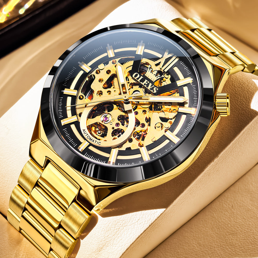 OLEVS 6722 Skeleton Watches for Men Luxury Dress Automatic Self Winding Mechanical Gold Plated Stainless Steel Waterproof Luminous Business Men Wrist Watch Reloj Para Hombre