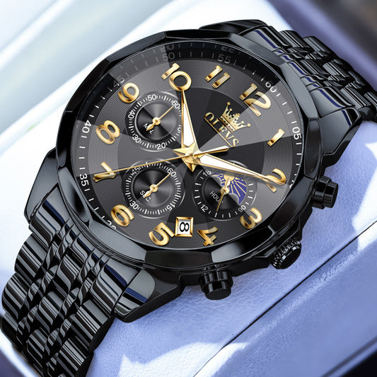 OLEVS  3676 Chronograph Watches for Men Business Dress Analog Quartz Gold Plated Stainless Steel Moon Phase Waterproof Luminous Date Luxury Mens Wrist Watches Reloj Para Hombre