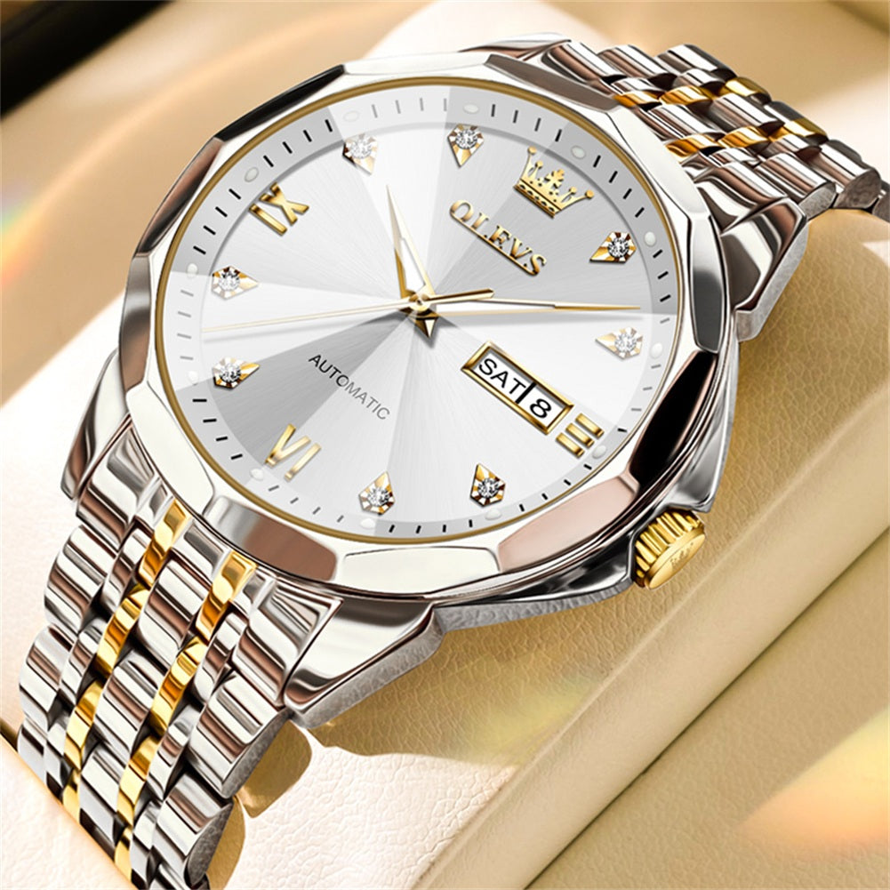 OLEVS 9982 Automatic Watches for Men Self Winding Mechanical Luxury Dress Stainless Steel Two Tone Strap Diamond Waterproof Luminous Date Mens Wrist Watches Reloj Para Hombre Black/Blue/Gold/White