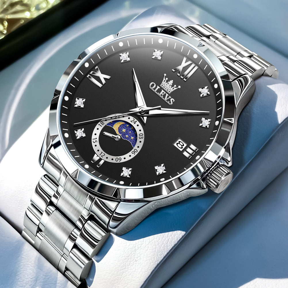 OLEVS 2956 Watches for Men Diamond Business Dress Casual Analog Moon Phase Calendar Quartz Stainless Steel Waterproof Luminous Date Men Wrist Watches Reloj Para Hombre White Dial