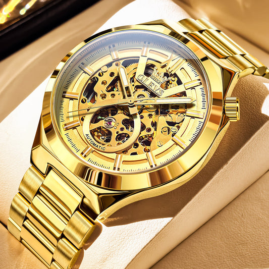 OLEVS 6722 Skeleton Watches for Men Luxury Dress Automatic Self Winding Mechanical Gold Plated Stainless Steel Waterproof Luminous Business Men Wrist Watch Reloj Para Hombre