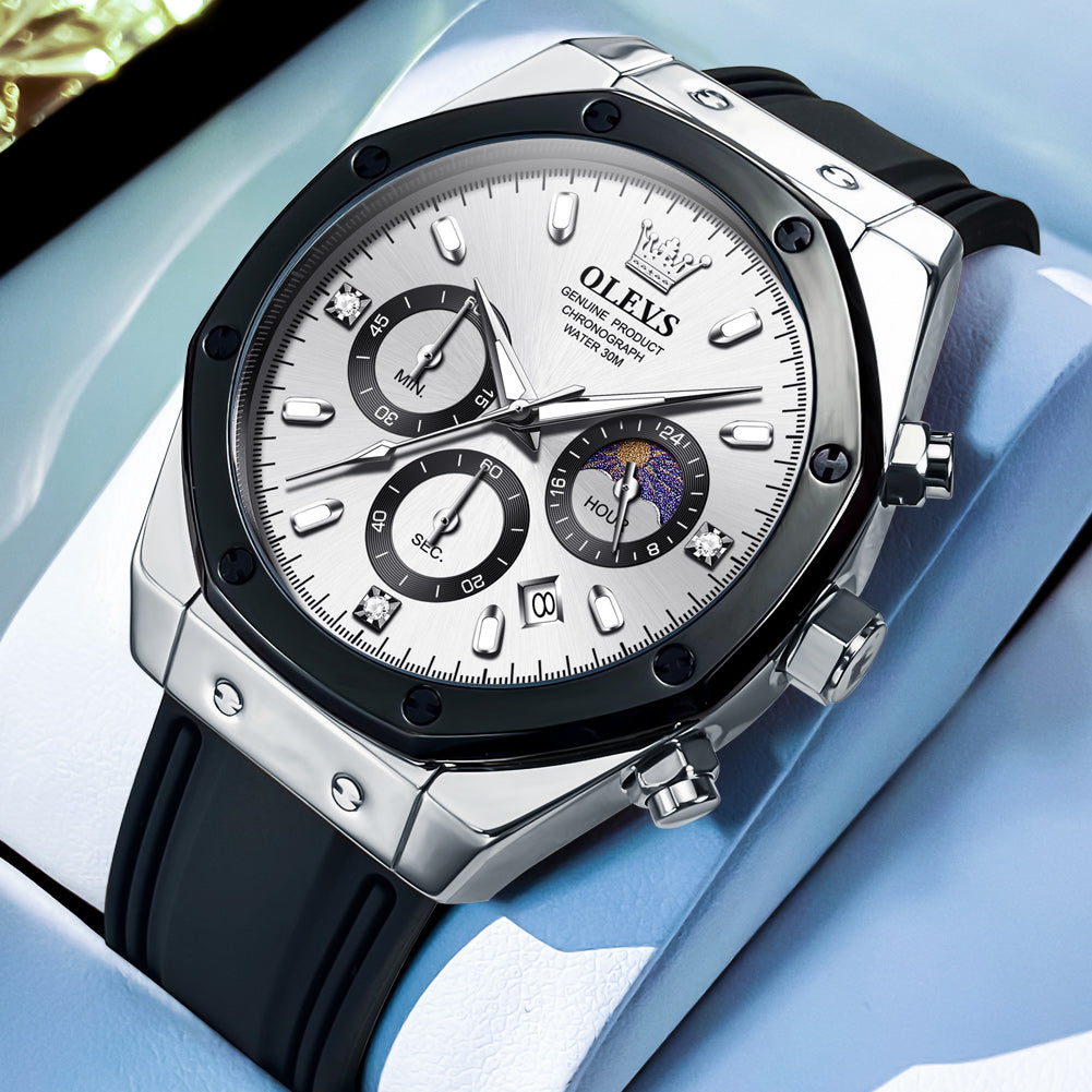 OLEVS 9911 Watches for Men Chronograph Waterproof Luxury Dress Quartz Silicon Strap Multifunction Moon Phase Business Calendar Luminous Men Wrist Watches Reloj Para Hombre Gray/Black/White
