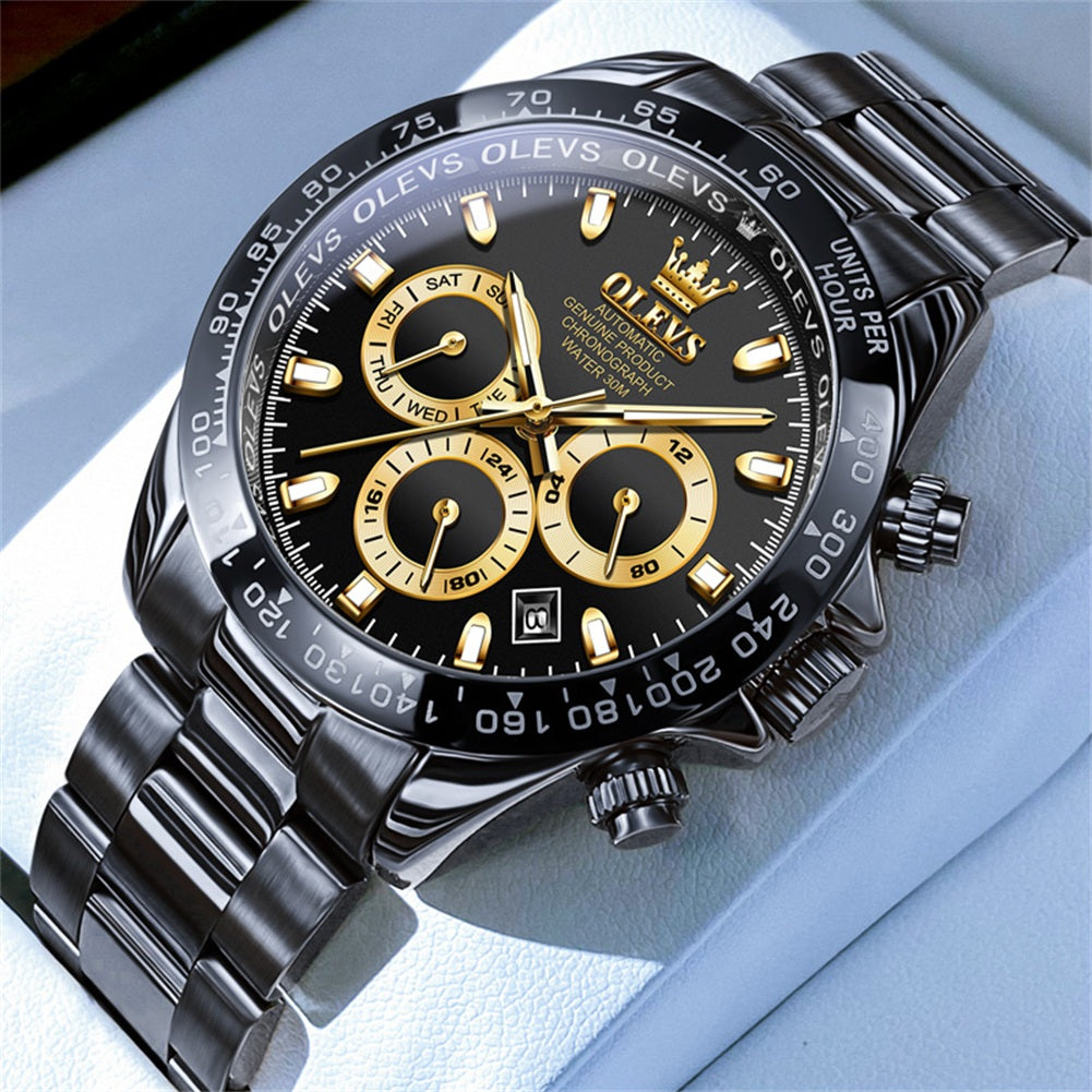 OLEVS 6638 Automatic Watches for Men Self Winding Chronograph Mechanical Luxury Dress Stainless Steel Calendar Date Waterproof Luminous Mens Wrist Watches Gift Reloj Para Hombre Gold/Black/Blue/Green Dial