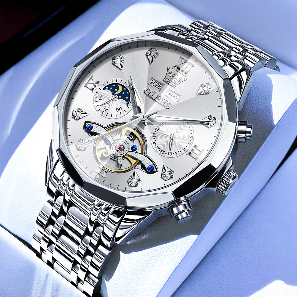 OLEVS 6621Automatic Watches for Men Luxury Dress Waterproof Self Winding Mechanical Moon Phase Chronograph Stainless Steel Luminous Diamond Date Skeleton Tourbillon Wristwatch for Men Reloj Para Hombre