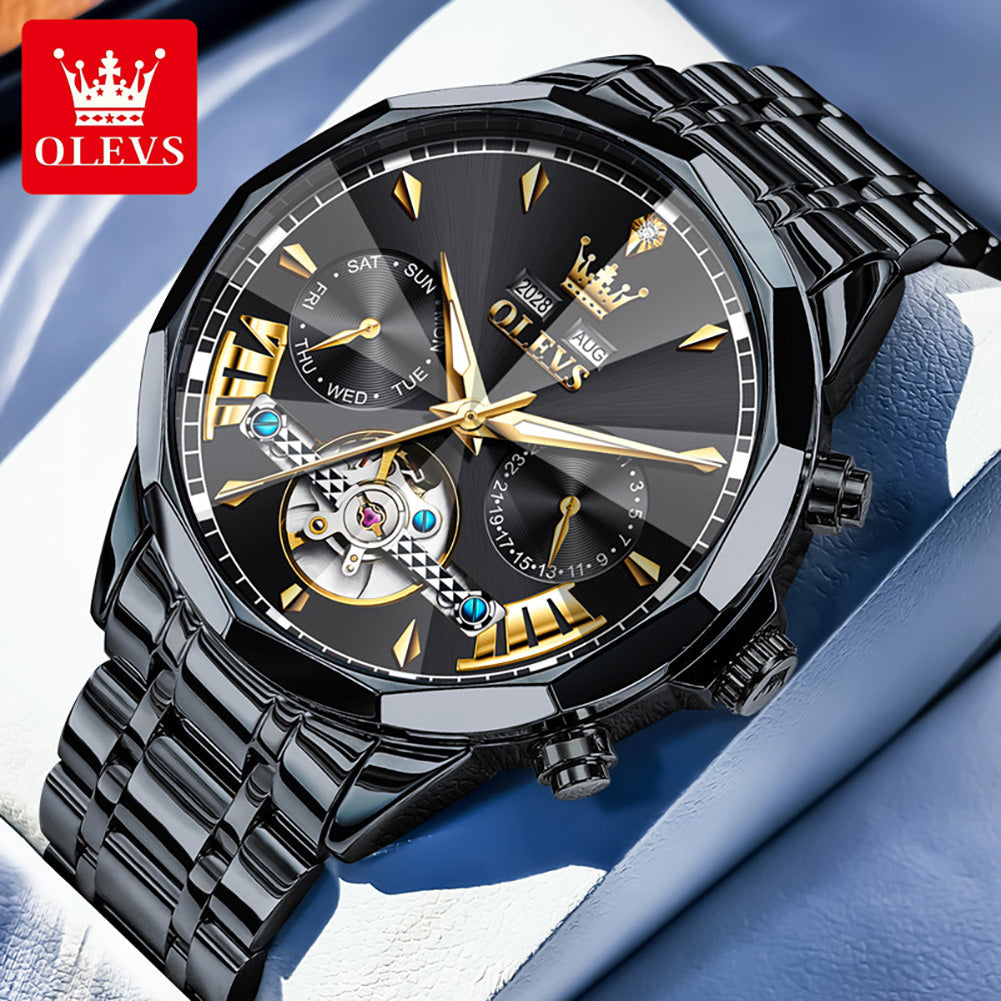 OLEVS 6619 Automatic Watches for Men Luxury Dress Waterproof Self Winding Mechanical Chronograph Diamond Stainless Steel Luminous Date Skeleton Tourbillon Mens Watches Gift Reloj Para Hombre
