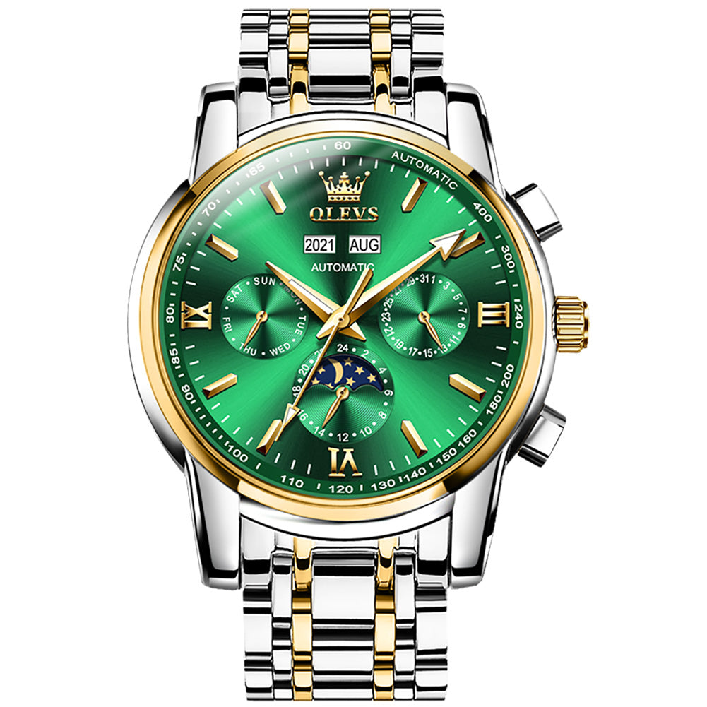 OLEVS 6633 Mens Watches Automatic Luxury Big Face Multi Calendar Stainless Steel Waterproof Luminous Wrist Watch for Men