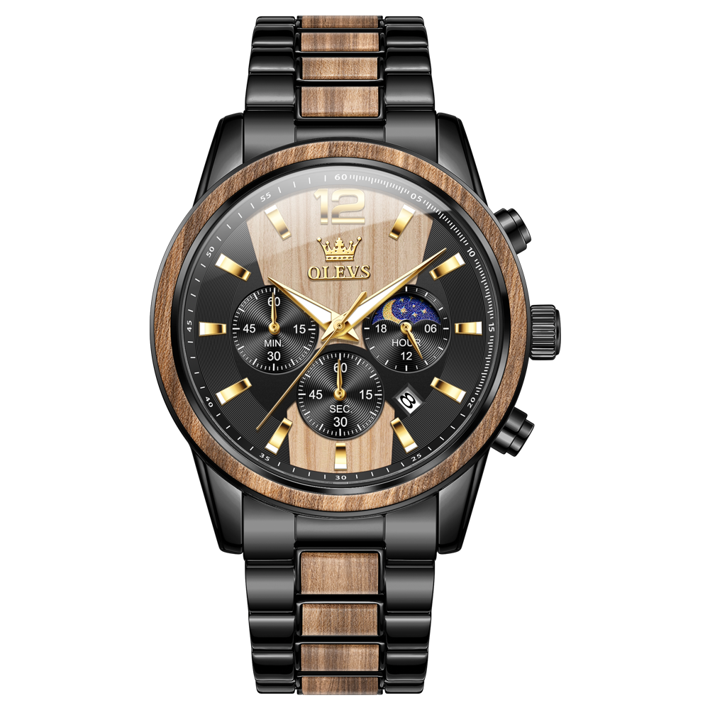 OLEVS 3645 Men’s Authentic Wooden Watch, Red Ebony Wood Grain Stainless Steel Case, Night Light Water-Resistant, High-End Luxury Dress Watch, Comes with a Strap