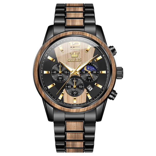 OLEVS 3645 Men’s Authentic Wooden Watch, Red Ebony Wood Grain Stainless Steel Case, Night Light Water-Resistant, High-End Luxury Dress Watch, Comes with a Strap