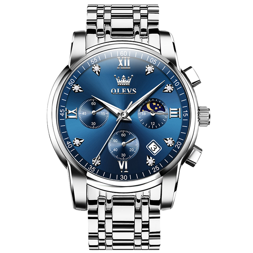 OLEVS 2858 Men's Watch, Business Chronograph Formal Stainless Steel Watch, Pointer Quartz Waterproof Luminous Men's Watch, Black and Blue Tone Stylish Holiday Gift