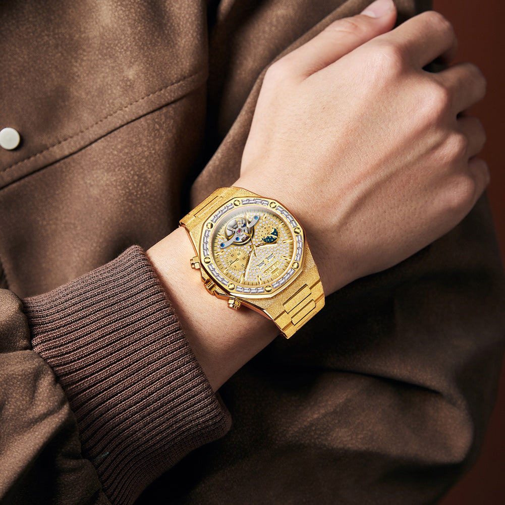 OLEVS 9805 Automatic Mens Watches Self Winding Mechanical Business Diamond Luxury Dress Stainless Steel Waterproof Luminous Wrist Watch