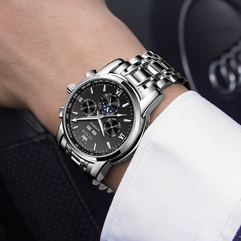 OLEVS 6633 Mens Watches Automatic Luxury Big Face Multi Calendar Stainless Steel Waterproof Luminous Wrist Watch for Men