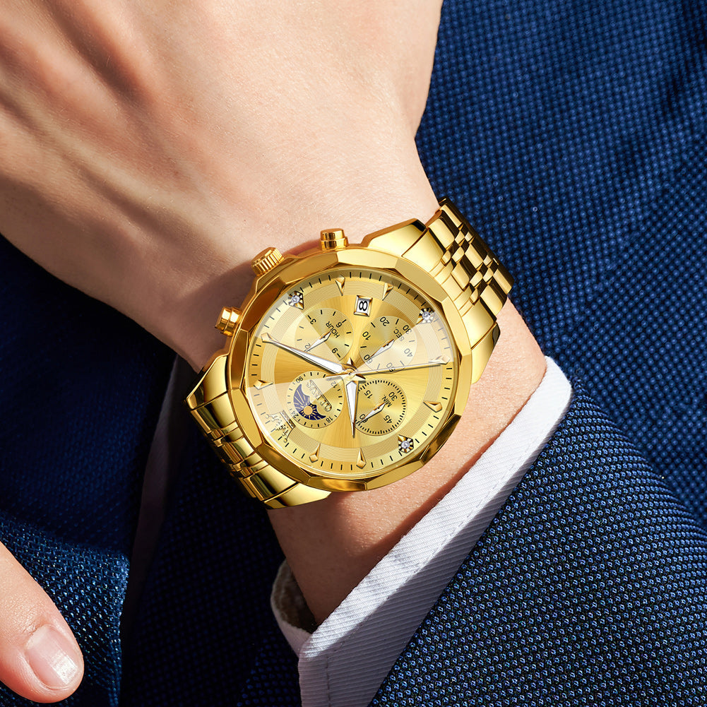 OLEVS 3673 Watches For Men Business Dress Luxury Casual Chronograph Multifunction Analog Quartz Stainless Steel Waterproof Luminous Moon Phase Date Men Wrist Watches Reloj Para Hombre