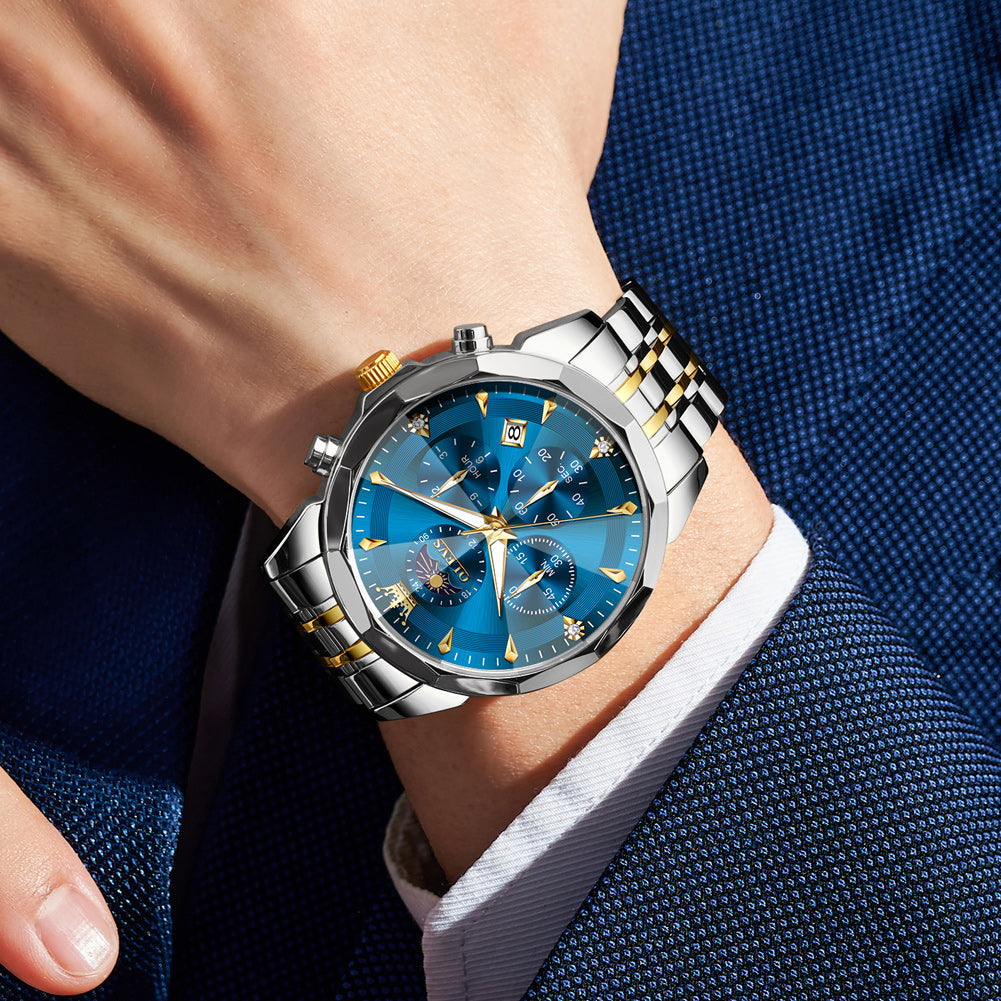 OLEVS 3673 Watches For Men Business Dress Luxury Casual Chronograph Multifunction Analog Quartz Stainless Steel Waterproof Luminous Moon Phase Date Men Wrist Watches Reloj Para Hombre