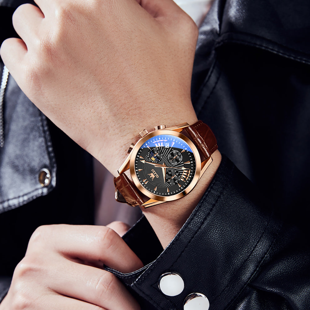 OLEVS 2876 Men  Watch Brown Leather Classic Analog Quartz Watch Week Date Casual Luminous Black/Blue/White Dial 3ATM Waterproof Wrist Watch