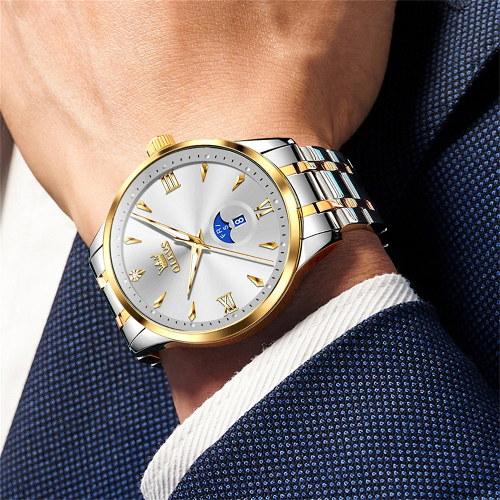 OLEVS 3646 Watches for Men Diamond Business Dress Casual Analog Quartz Stainless Steel Waterproof Luminous Day Date Men Wrist Watches Reloj Para Hombre White Dial