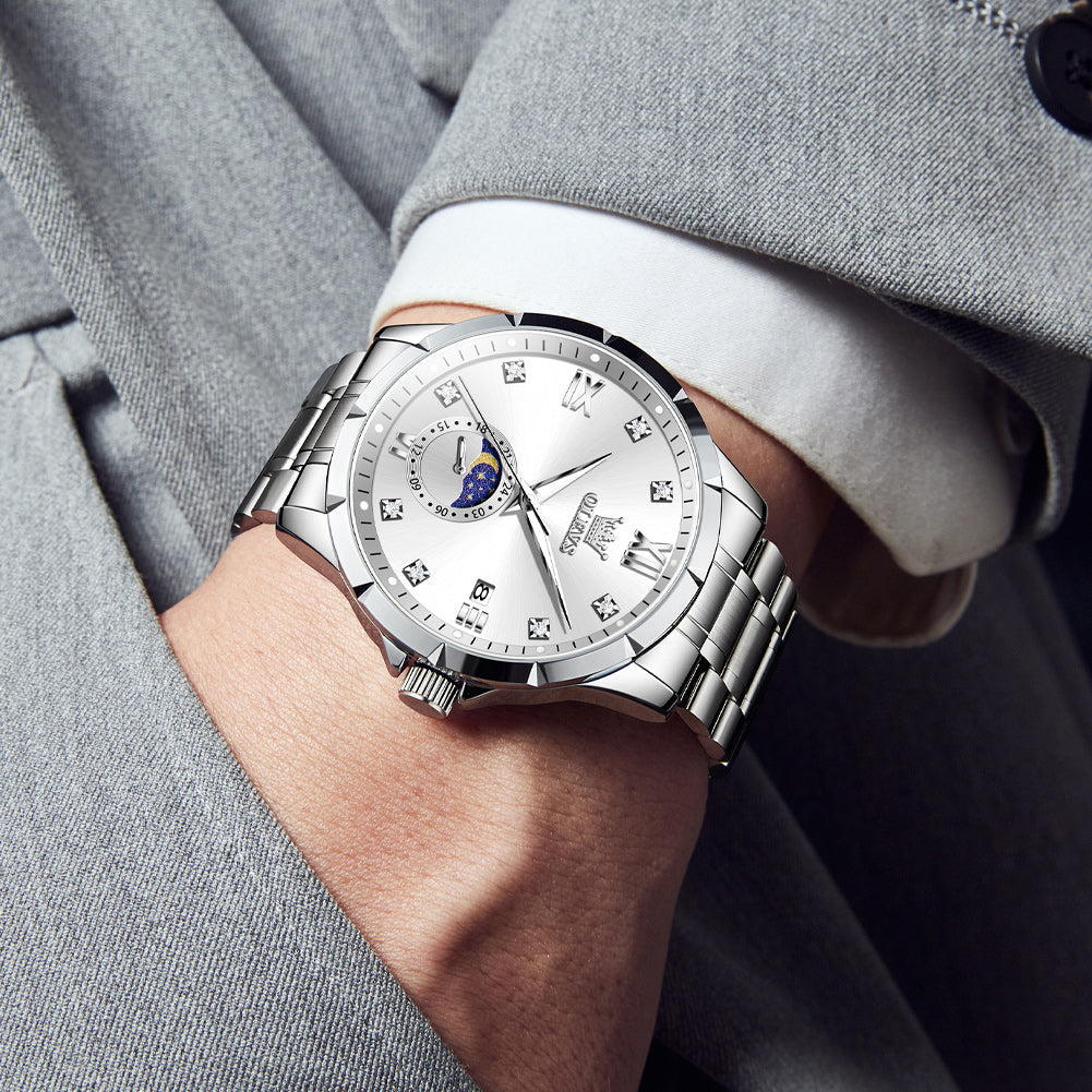 OLEVS 2956 Watches for Men Diamond Business Dress Casual Analog Moon Phase Calendar Quartz Stainless Steel Waterproof Luminous Date Men Wrist Watches Reloj Para Hombre White Dial
