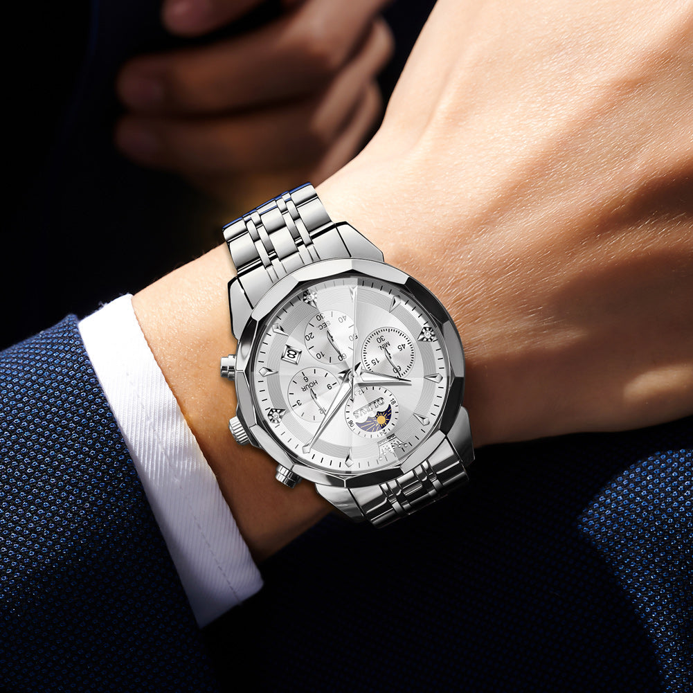 OLEVS 3673 Watches For Men Business Dress Luxury Casual Chronograph Multifunction Analog Quartz Stainless Steel Waterproof Luminous Moon Phase Date Men Wrist Watches Reloj Para Hombre White Dial