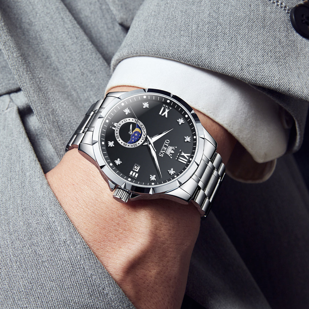 OLEVS 2956 Watches for Men Diamond Business Dress Casual Analog Moon Phase Calendar Quartz Stainless Steel Waterproof Luminous Date Men Wrist Watches Reloj Para Hombre White Dial