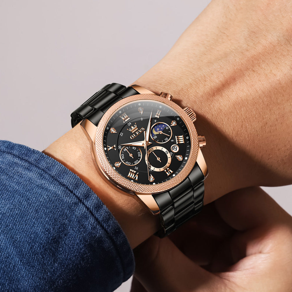 OLEVS 3660 Chronograph Watches for Men Fashion Dress Analog Quartz Moon Phase Stainless Steel Waterproof Luminous Date Luxury Mens Wrist Watches Reloj Para Hombre Rose/Black