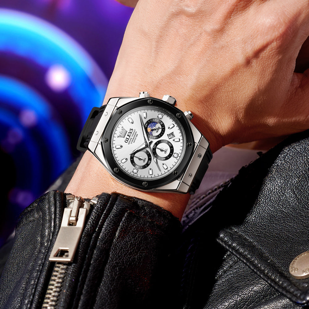 OLEVS 9911 Watches for Men Chronograph Waterproof Luxury Dress Quartz Silicon Strap Multifunction Moon Phase Business Calendar Luminous Men Wrist Watches Reloj Para Hombre Gray/Black/White