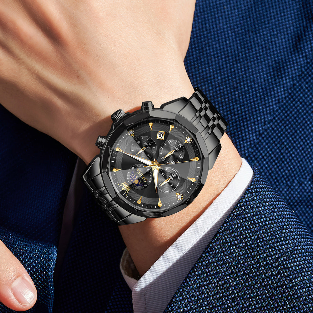 OLEVS 3673 Watches For Men Business Dress Luxury Casual Chronograph Multifunction Analog Quartz Stainless Steel Waterproof Luminous Moon Phase Date Men Wrist Watches Reloj Para Hombre White Dial