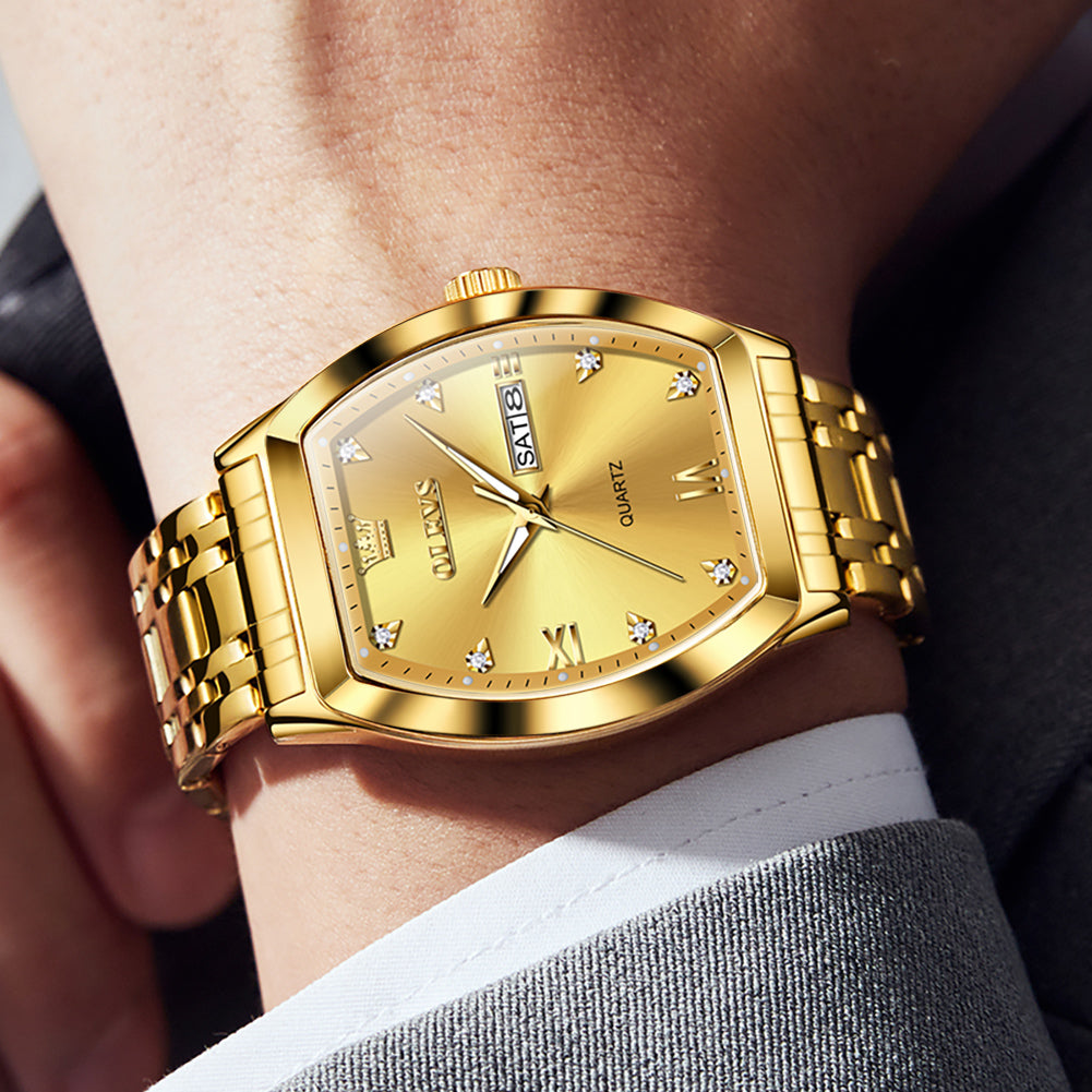 OLEVS 5528 Gold Watch Men Dress Diamond Tonneau Big Face Men Wrist Watch Waterproof Dual Watch Gift