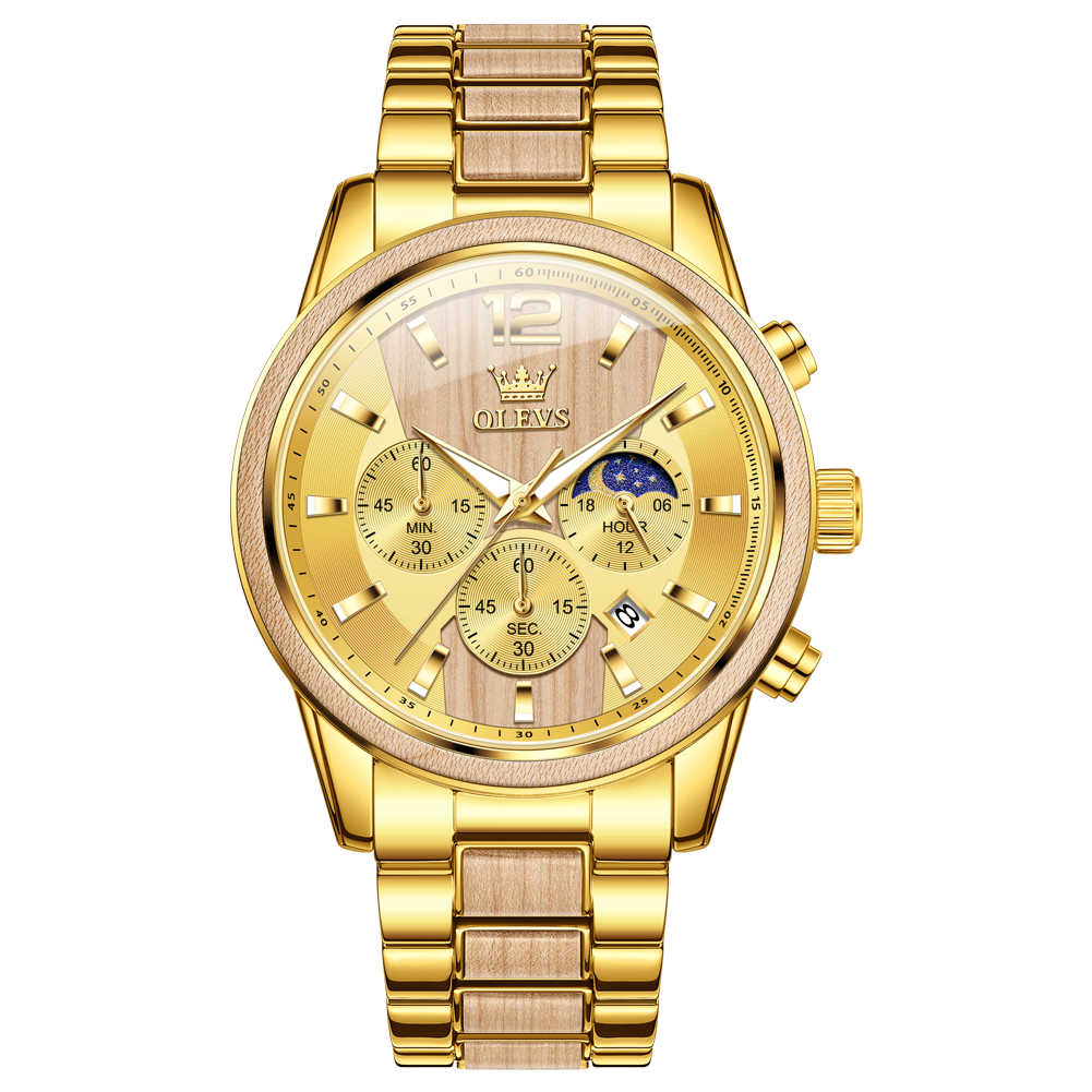 OLEVS 3645 Men’s Authentic Wooden Watch, Red Ebony Wood Grain Stainless Steel Case, Night Light Water-Resistant, High-End Luxury Dress Watch, Comes with a Strap