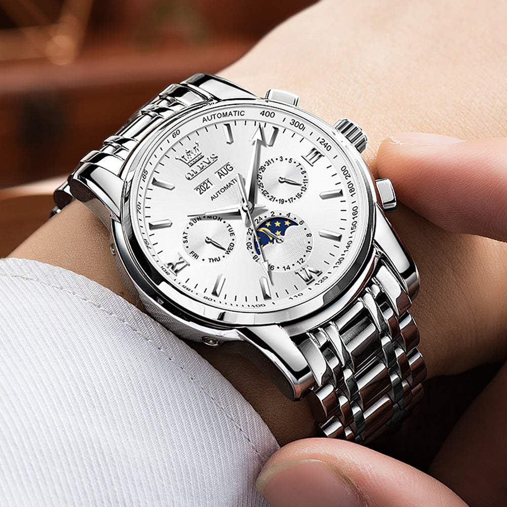 OLEVS 6633 Mens Watches Automatic Luxury Big Face Multi Calendar Stainless Steel Waterproof Luminous Wrist Watch for Men