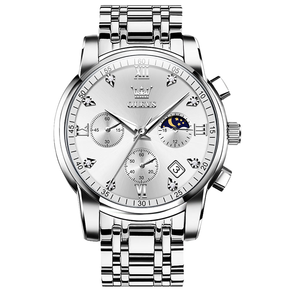 OLEVS 2858 Men's Watch, Business Chronograph Formal Stainless Steel Watch, Pointer Quartz Waterproof Luminous Men's Watch, Black and Blue Tone Stylish Holiday Gift