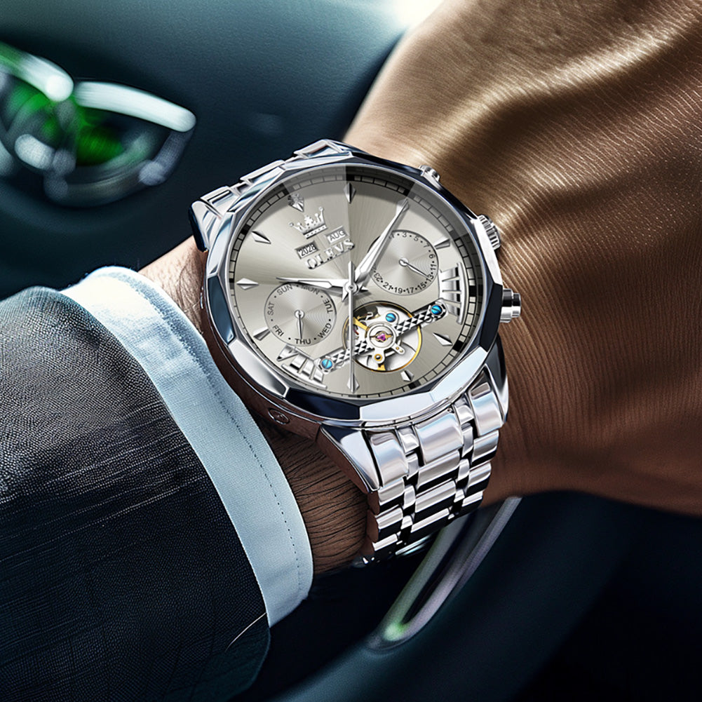 OLEVS 6619 Automatic Watches for Men Luxury Dress Waterproof Self Winding Mechanical Chronograph Diamond Stainless Steel Luminous Date Skeleton Tourbillon Mens Watches Gift Reloj Para Hombre