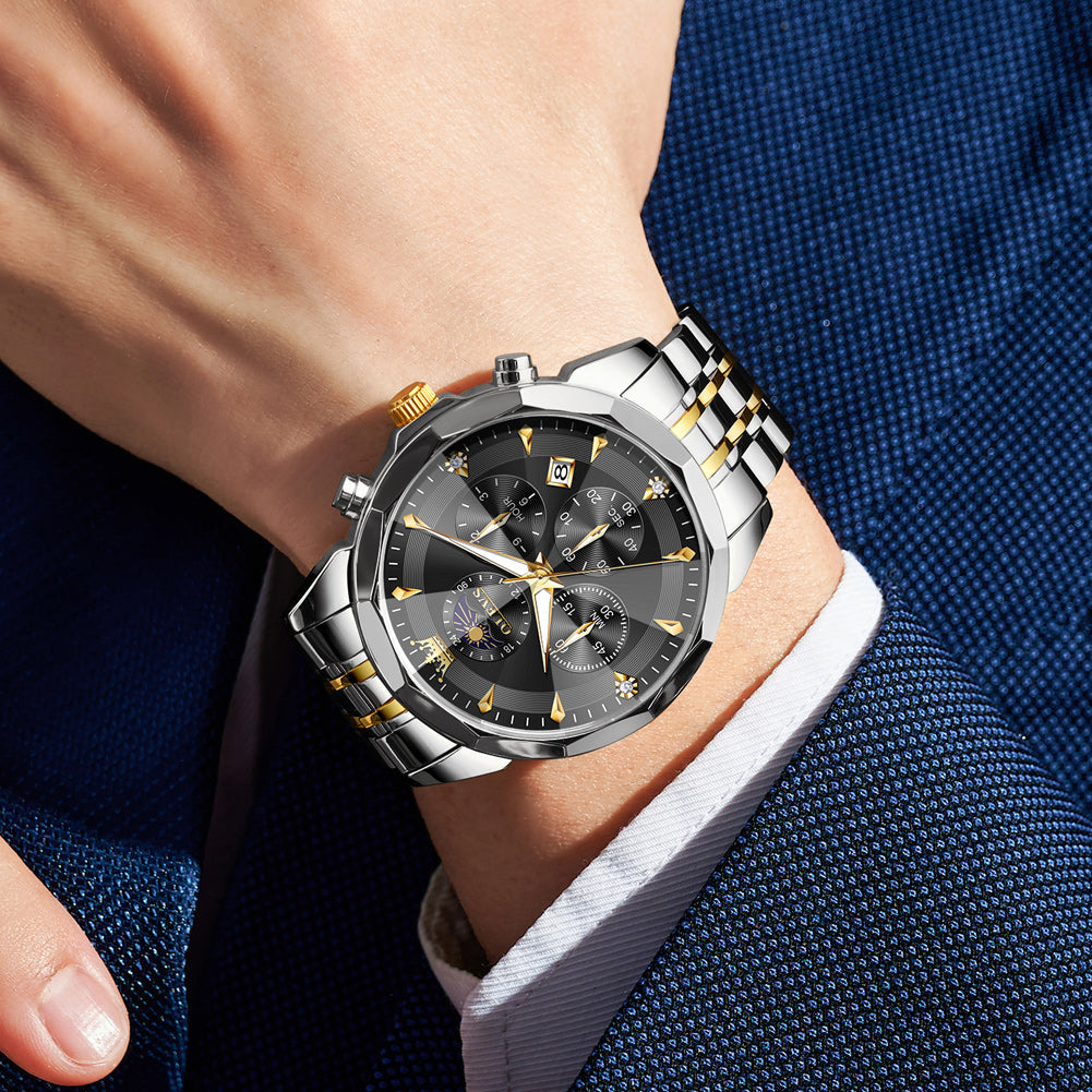 OLEVS 3673 Watches For Men Business Dress Luxury Casual Chronograph Multifunction Analog Quartz Stainless Steel Waterproof Luminous Moon Phase Date Men Wrist Watches Reloj Para Hombre