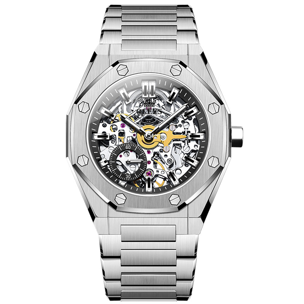 OLEVS 6669 Automatic Watches for Men Self Winding Mechanical Skeleton Luxury Dress Stainless Steel Waterproof Luminous Mens Wrist Watches Reloj Para Hombre