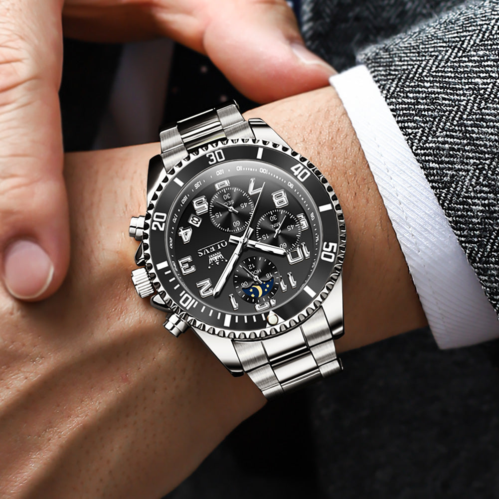 OLEVS 2926Watches for Men Chronograph Business Dress Quartz Stainless Steel Waterproof Moon Phase Male Watch Wrist Watches Reloj Para Hormber