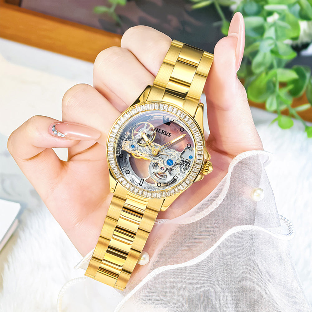 OLEVS 6699 Automatic Watches for Womens Mechanical Diamond Skeleton Self Winding Luxury Dress Waterproof Luminous Ladies Watches Womens Wrist Watches Gift Reloj Para Mujer