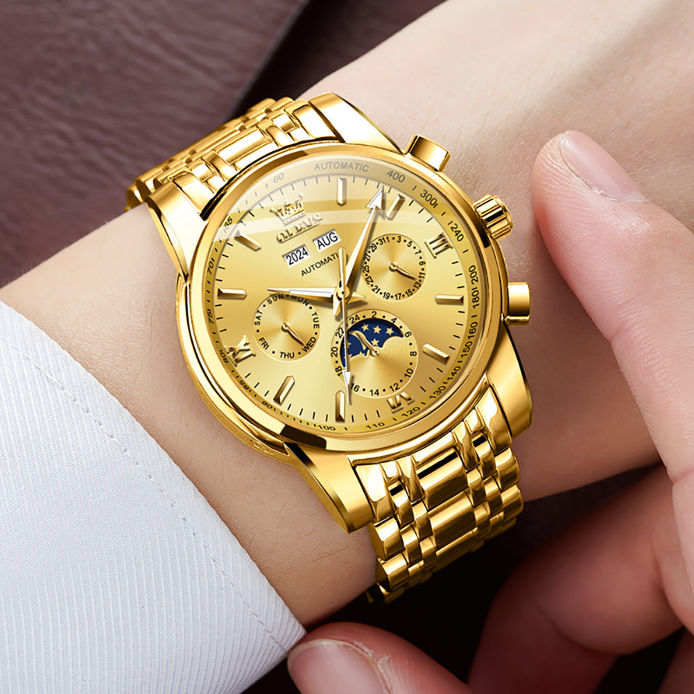 OLEVS 6633 Mens Watches Automatic Luxury Big Face Multi Calendar Stainless Steel Waterproof Luminous Wrist Watch for Men