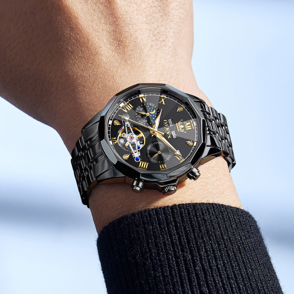 OLEVS 6620 Automatic Watches for Men Self Winding Mechanical Skeleton Luxury Dress Chronograph Gold Plated Stainless Steel Calendar Moon Phase Waterproof Luminous Mens Wrist Watches Reloj Para Hombre