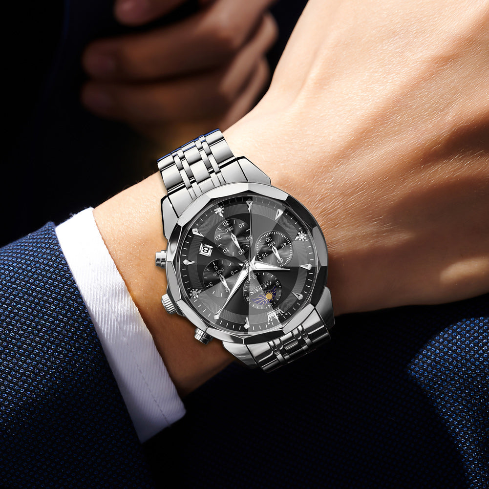 OLEVS 3673 Watches For Men Business Dress Luxury Casual Chronograph Multifunction Analog Quartz Stainless Steel Waterproof Luminous Moon Phase Date Men Wrist Watches Reloj Para Hombre White Dial