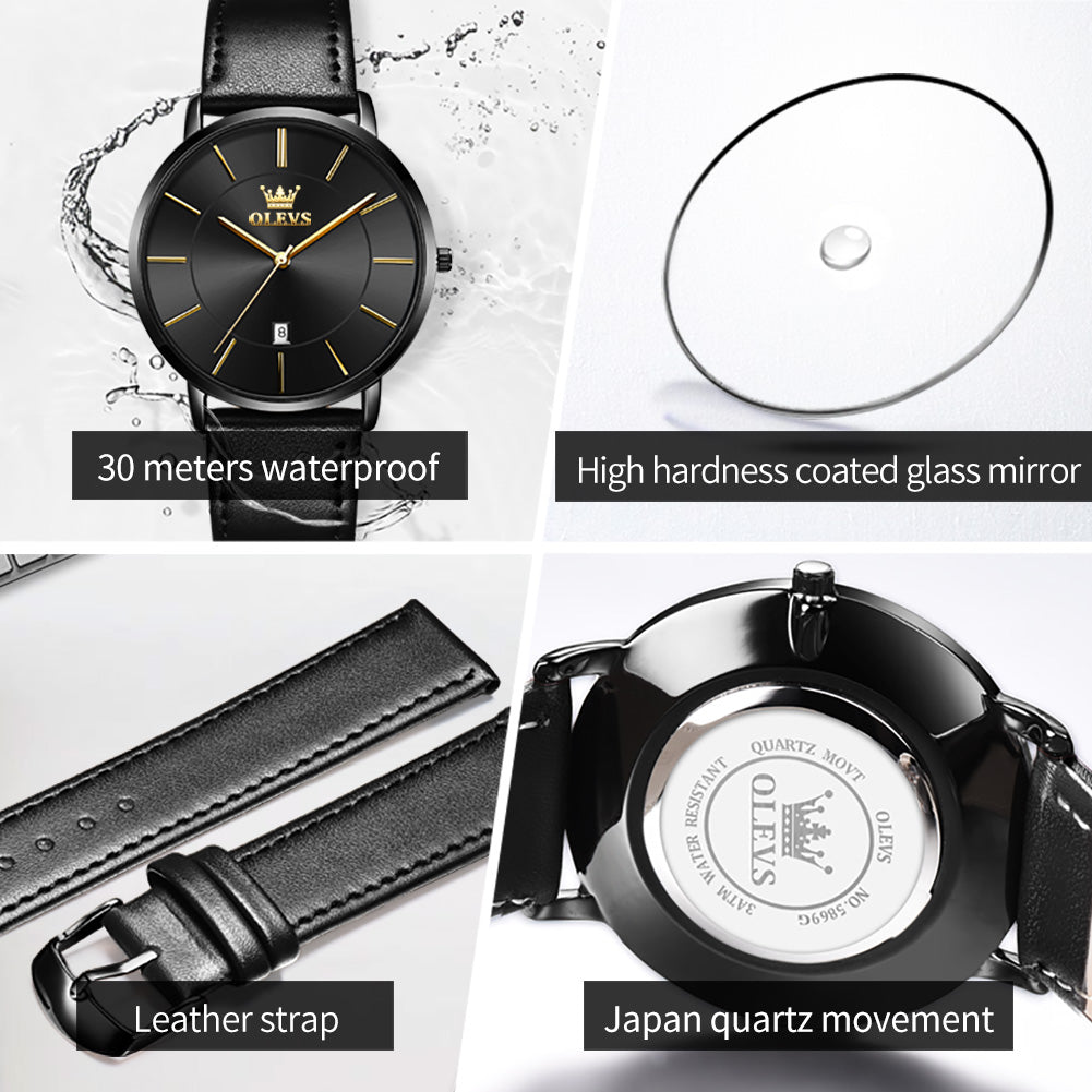 OLEVS  5869 Watches for Men Minimalist Ultra Thin Fashion Casual Analog Quartz Date Watch Waterproof Slim Simple Big Face Dress Mens Wrist Watches with Retro Leather Band for Men Reloj para Hombre