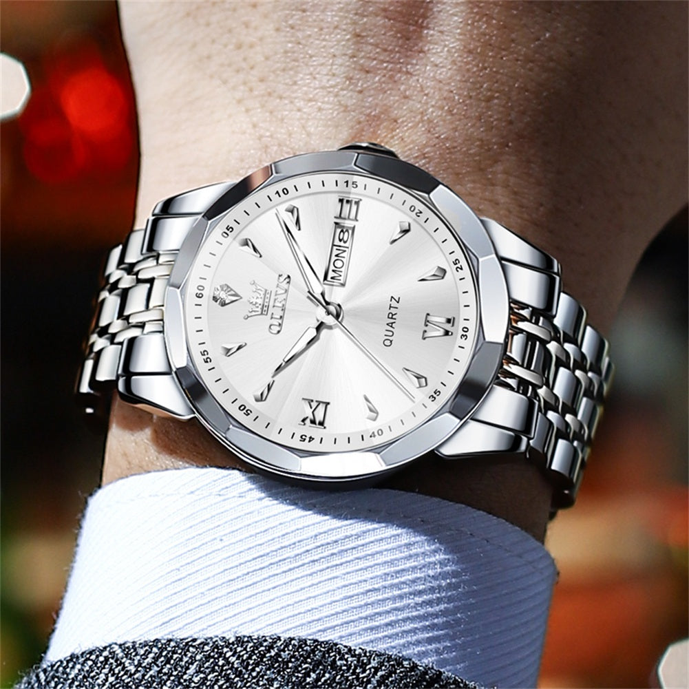 OLEVS 9998 Watches for Men Diamond Business Dress Classic Casual Analog Quartz Stainless Steel Waterproof Luminous Date Men Wrist Watches Reloj Para Hombre White Dial
