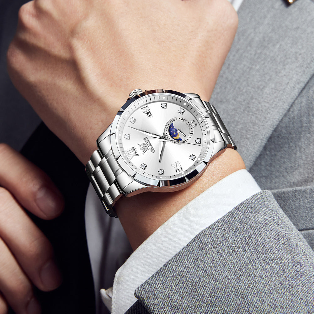 OLEVS 2956 Watches for Men Diamond Business Dress Casual Analog Moon Phase Calendar Quartz Stainless Steel Waterproof Luminous Date Men Wrist Watches Reloj Para Hombre White Dial