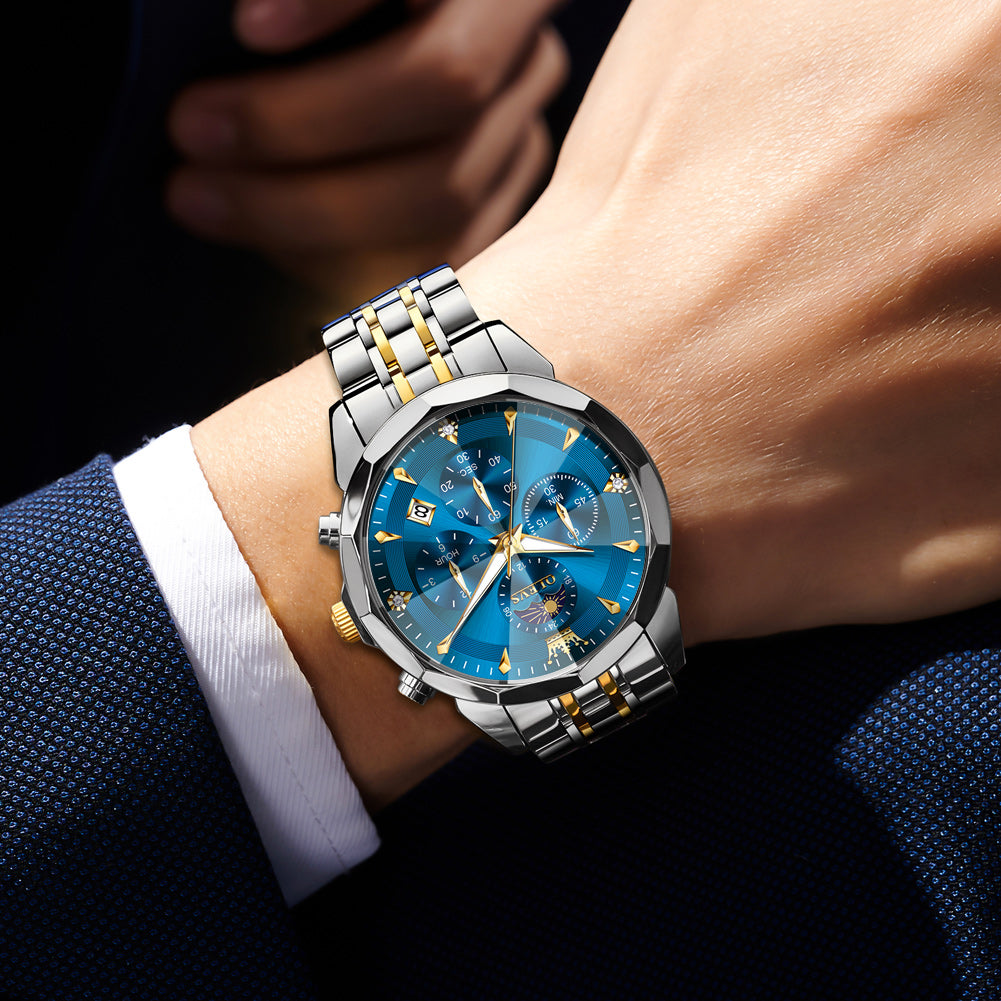 OLEVS 3673 Watches For Men Business Dress Luxury Casual Chronograph Multifunction Analog Quartz Stainless Steel Waterproof Luminous Moon Phase Date Men Wrist Watches Reloj Para Hombre White Dial