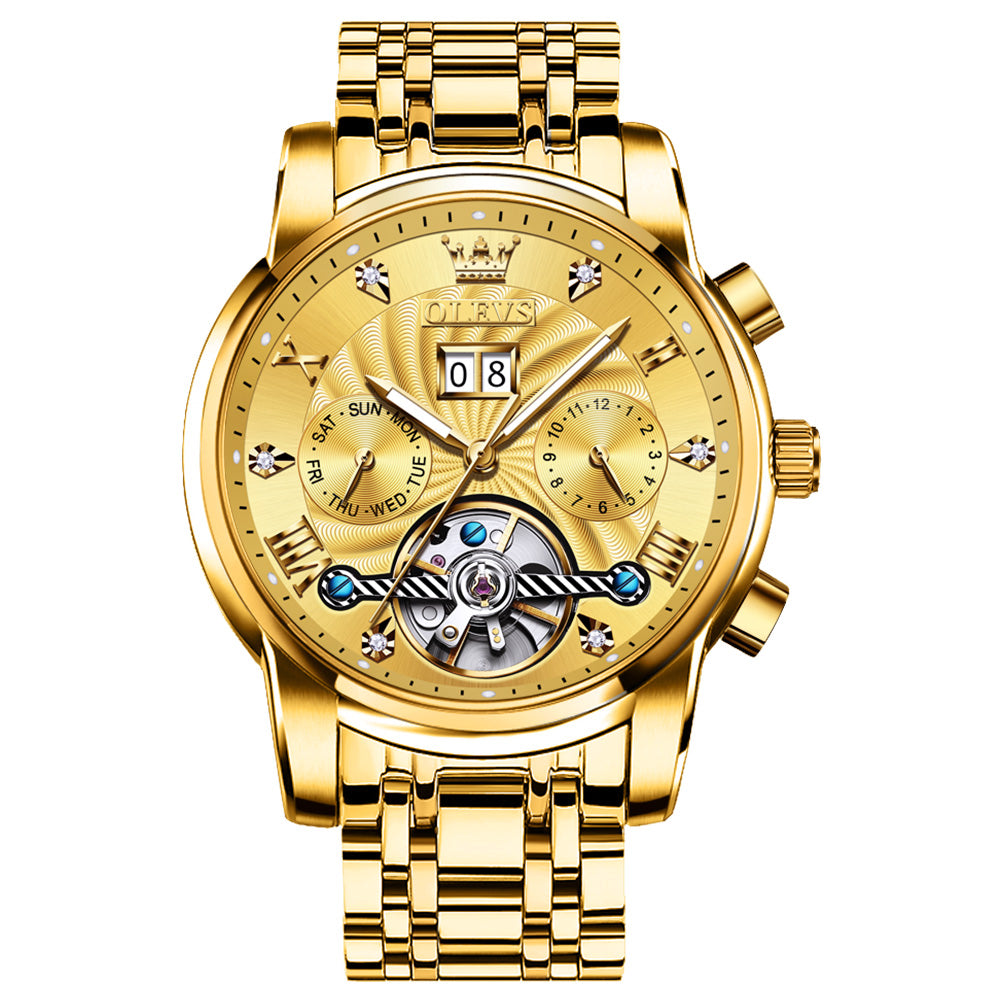 OLEVS 9910 Automatic Watches for Men Gold Luxury Dress Wrist Watch Self Winding Mechanical Skeleton Tourbillon Watch